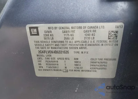 2013 GMC Terrain Slt-1 from USA, damaged, VIN 2GKFLVEK4D6331626